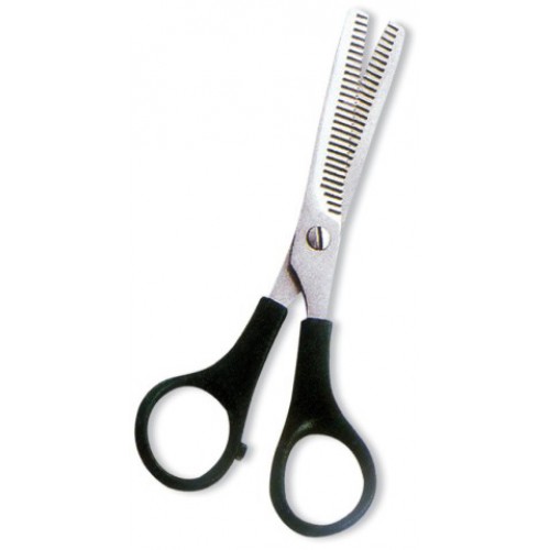Thinning Scissor. Double Blade Teeth. Plastic Handle. Satin Finish.